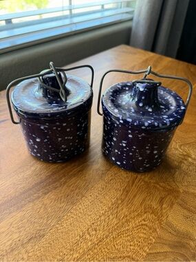 2 Blue Speckled Stoneware Canisters with Lid